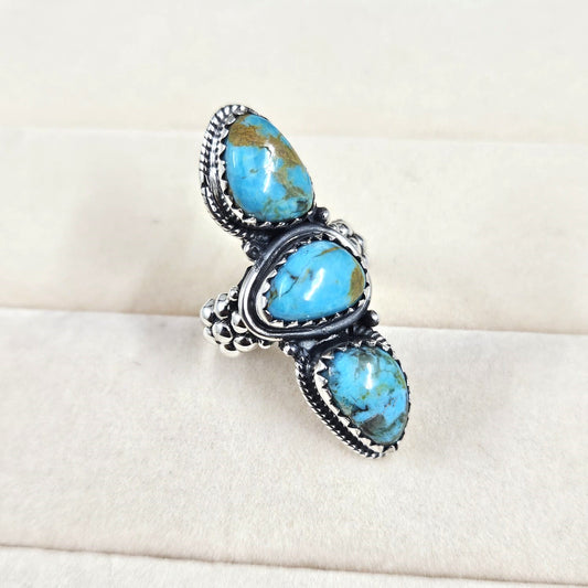 925 Sterling silver 3-stone long natural statement KINGMAN TURQUOISE ring size 6, 7, 8, 9