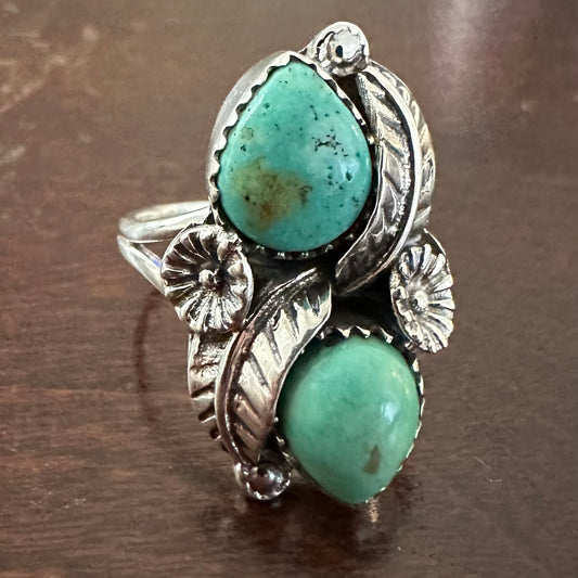 925 Sterling Silver ARIZONA KINGMAN TURQUOISE blue-green 2-stone ring size 5.5, 6, 6.5, or 7