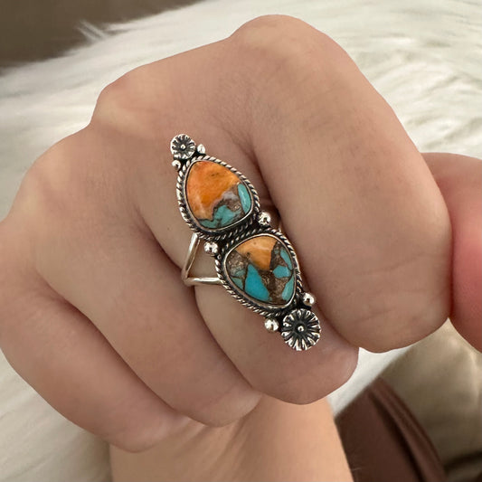 Huge chunky 2-stone Southwestern/Native American boho-style 925 solid sterling silver SPINY OYSTER ARIZONA TURQUOISE statement ring size 6.5, 7, 7.5, 8