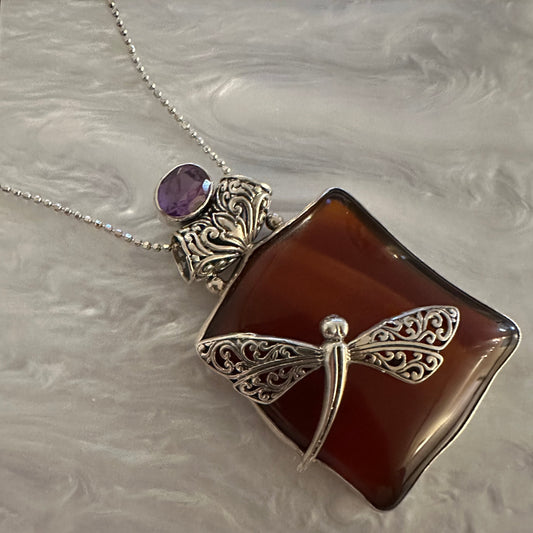 Stunning 925 Balinese (Indonesian) hand-crafted Sterling silver Huge Dragonfly filigree necklace pendant CARNELIAN & AMETHYST