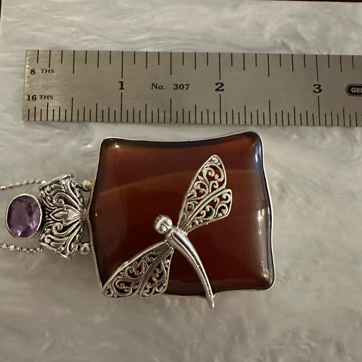 Stunning 925 Balinese (Indonesian) hand-crafted Sterling silver Huge Dragonfly filigree necklace pendant CARNELIAN & AMETHYST