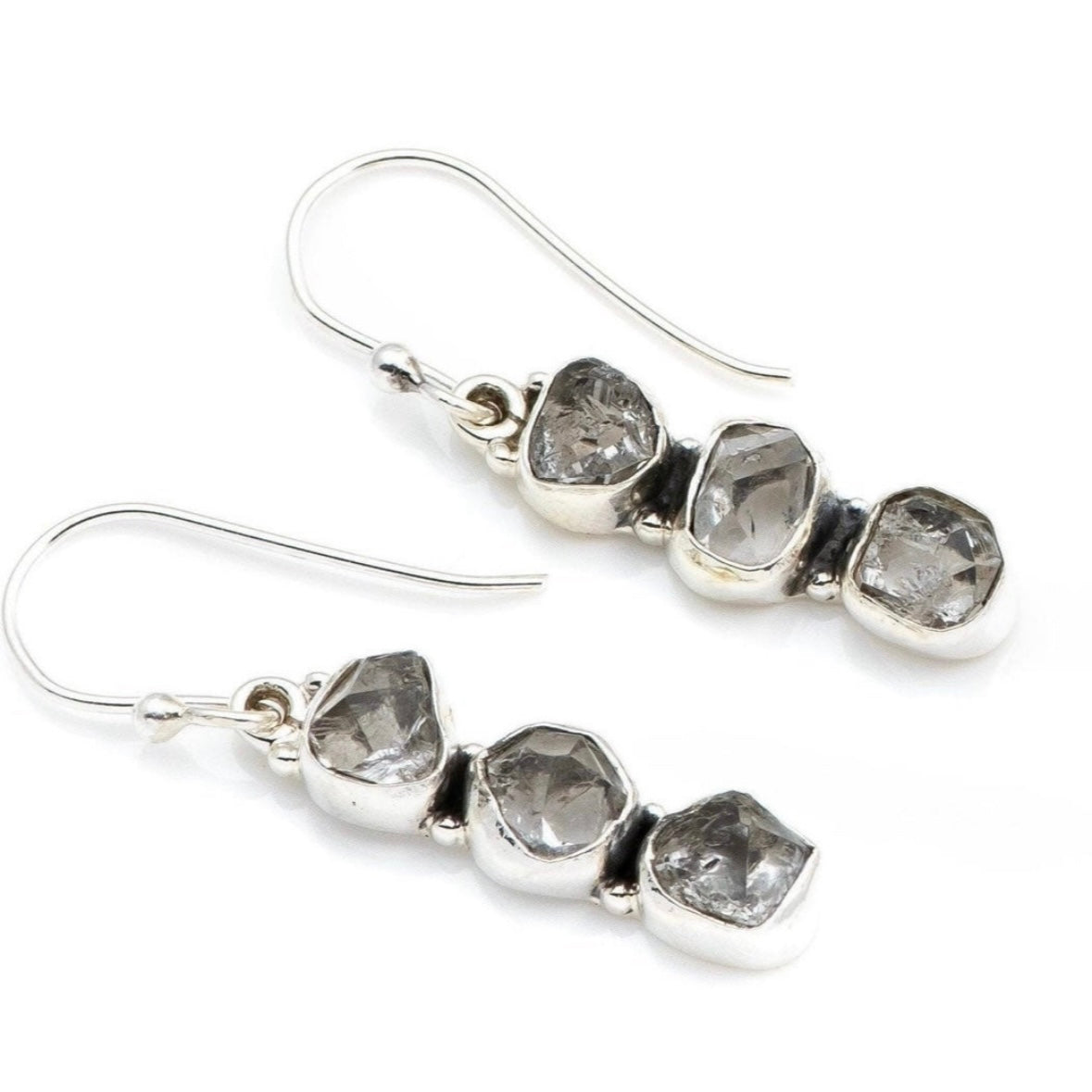 925 sterling silver raw/rough HERKIMER DIAMOND chunky 3-stone dangle earrings