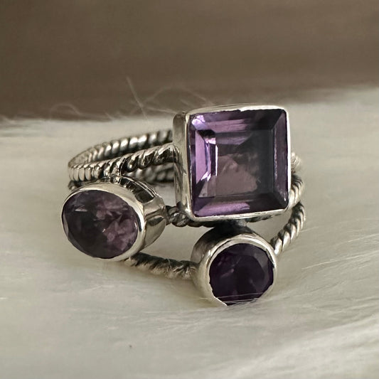 925 solid sterling silver AMETHYST multi roped 3-row/band/layer semi-adjustable boho-style gemstone ring size 7 8 9 10.