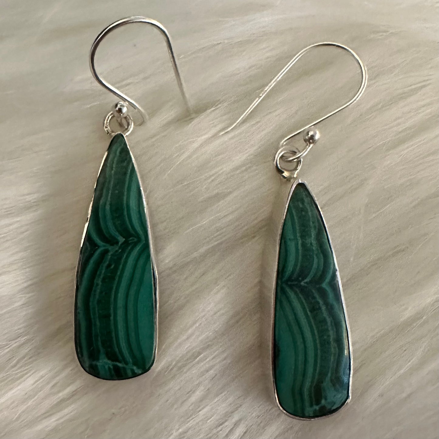 925 Solid Sterling Silver big chunky lightweight natural green marbled MALACHITE teardrop dangle earrings