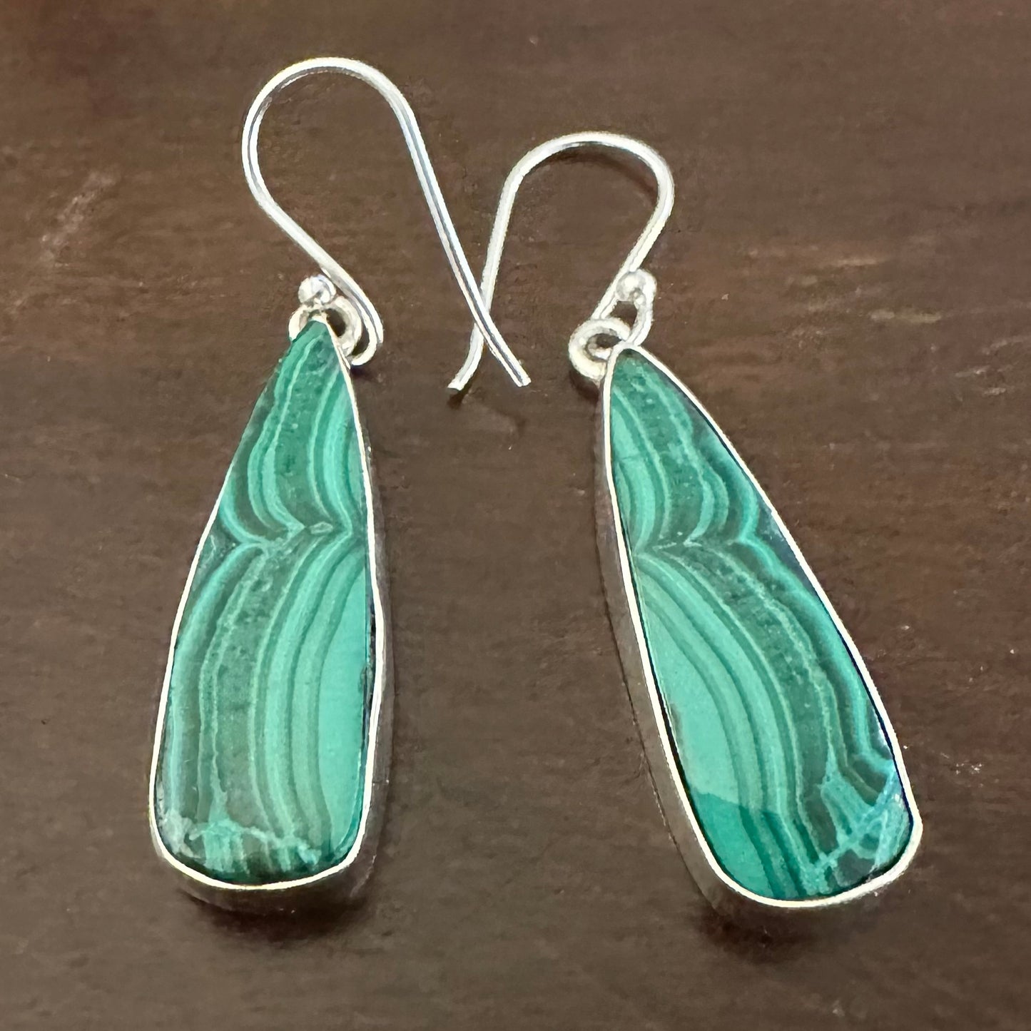 925 Solid Sterling Silver big chunky lightweight natural green marbled MALACHITE teardrop dangle earrings