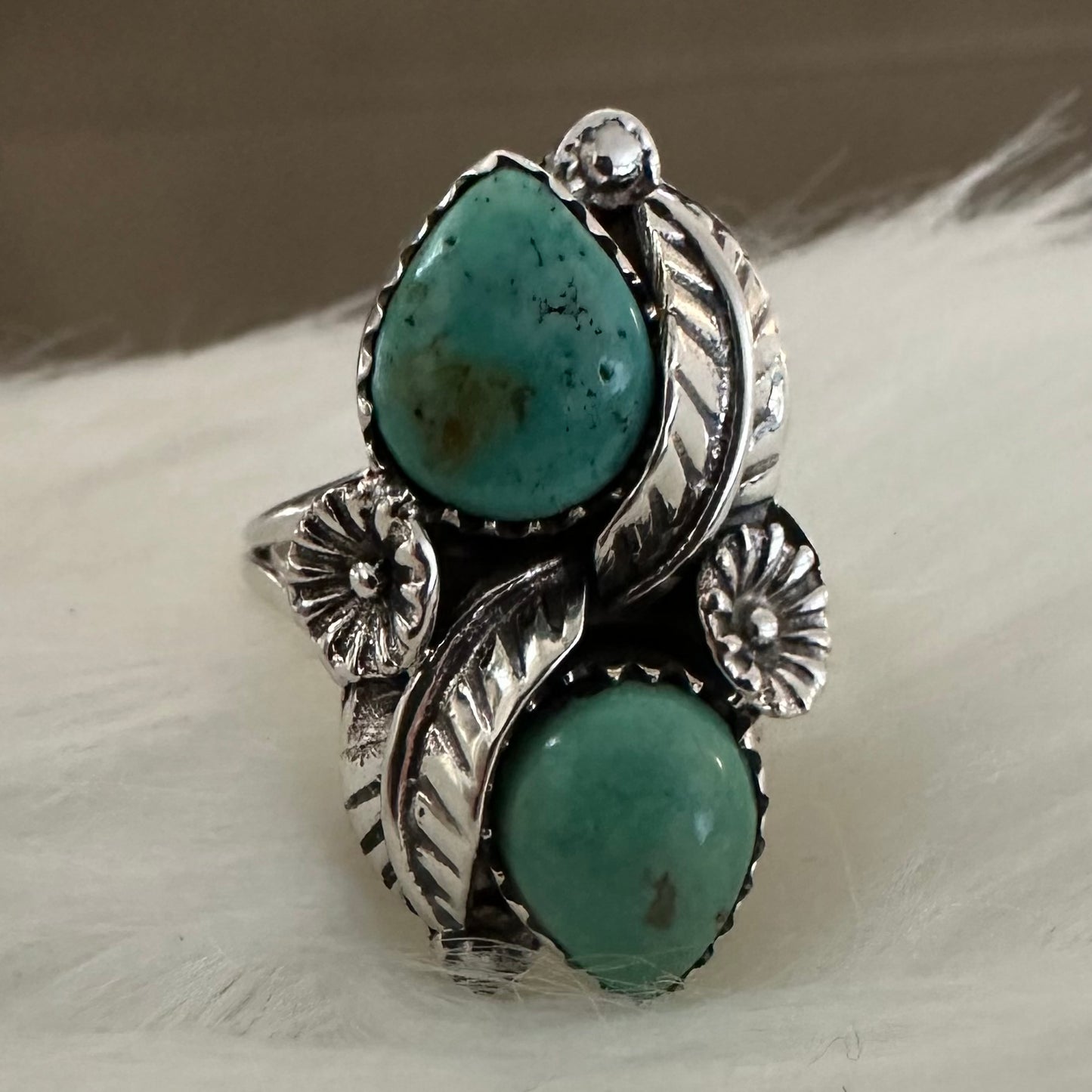 925 Sterling Silver ARIZONA KINGMAN TURQUOISE blue-green 2-stone ring size 5.5, 6, 6.5, or 7