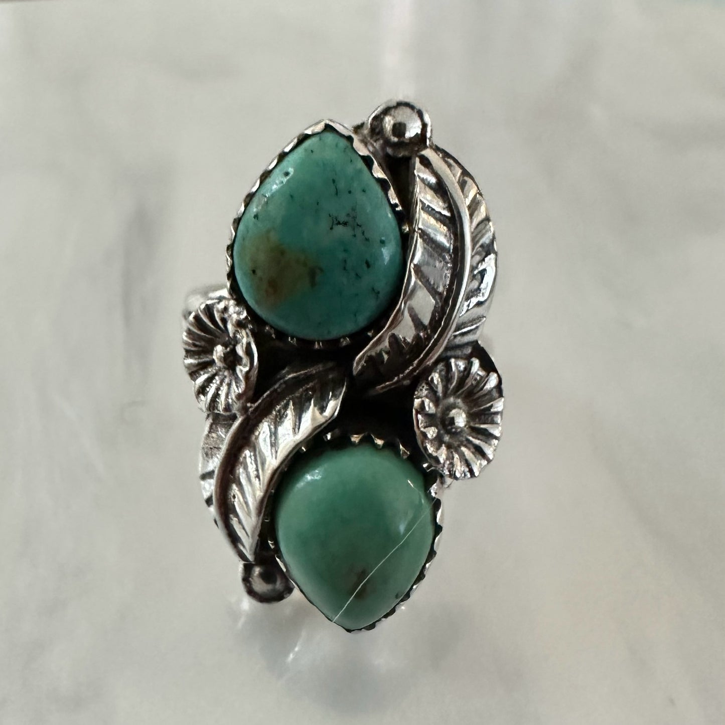 925 Sterling Silver ARIZONA KINGMAN TURQUOISE blue-green 2-stone ring size 5.5, 6, 6.5, or 7