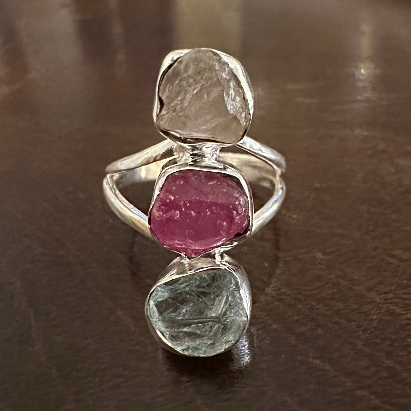 925 solid Sterling Silver 3-stone rough/raw RUBY, AQUAMARINE, ROSE QUARTZ ring size 7, 7.5, 8