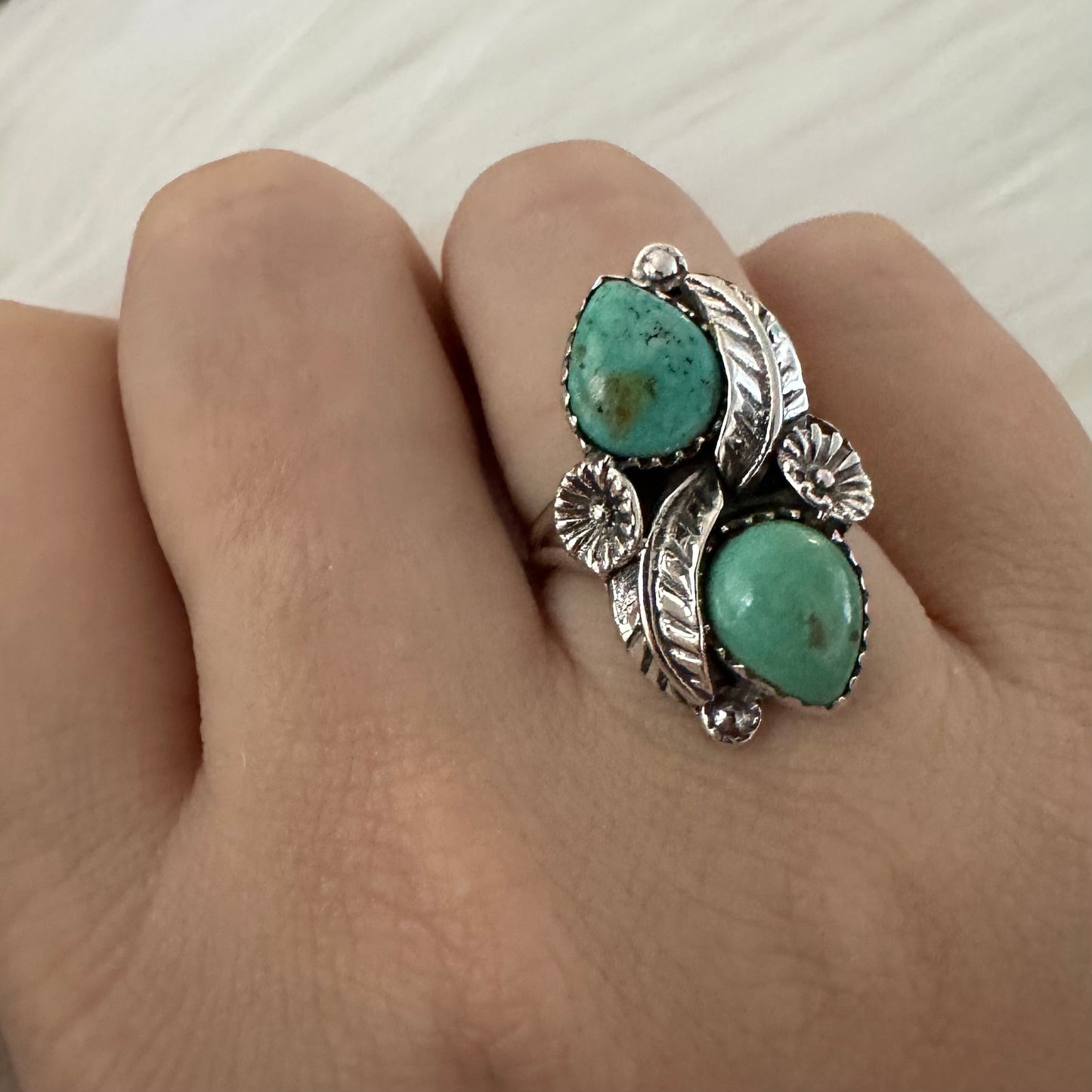 925 Sterling Silver ARIZONA KINGMAN TURQUOISE blue-green 2-stone ring size 5.5, 6, 6.5, or 7