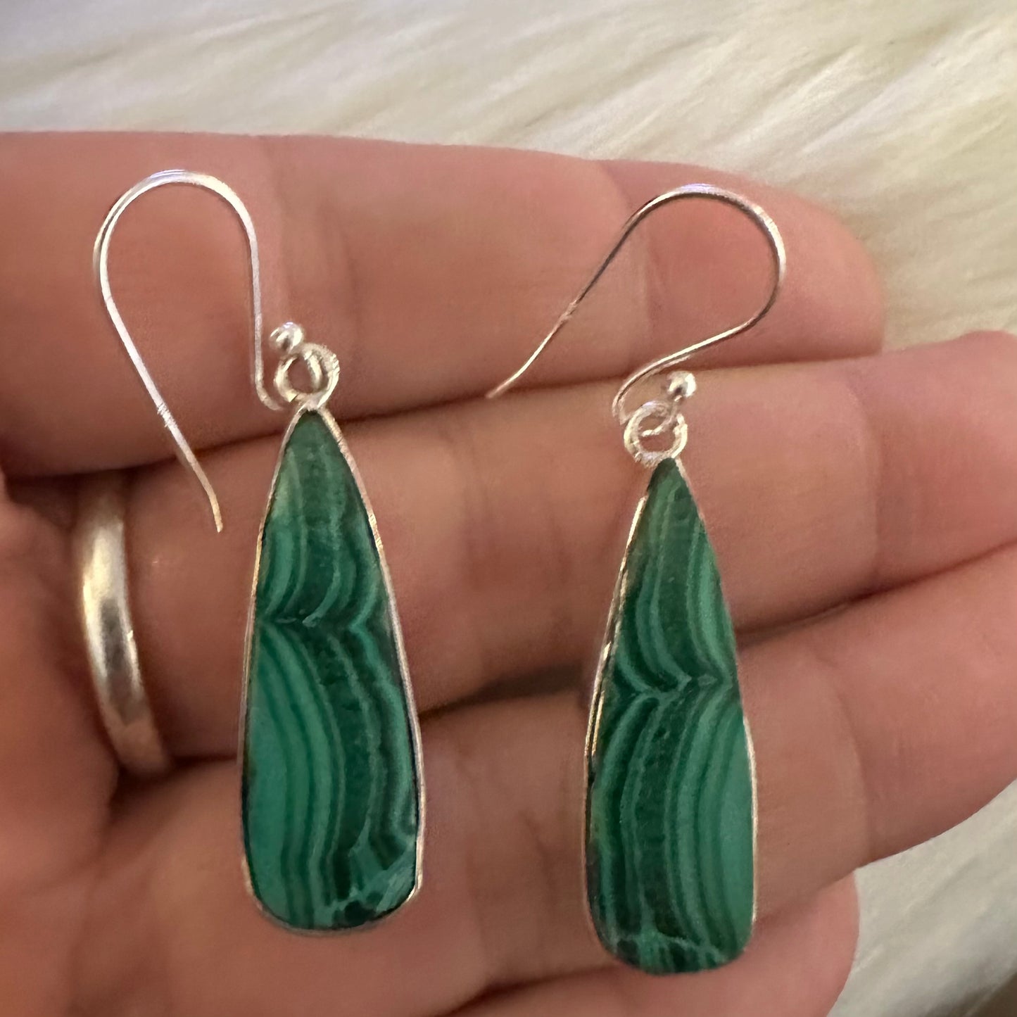 925 Solid Sterling Silver big chunky lightweight natural green marbled MALACHITE teardrop dangle earrings