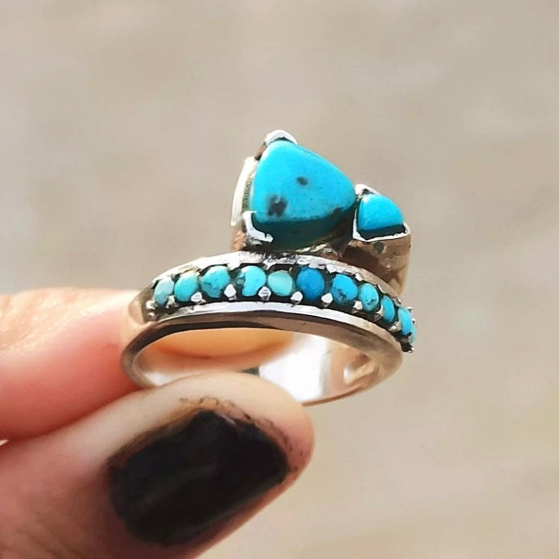 925 Solid Sterling Silver natural blue Arizona TURQUOISE multi-stone band beaded ring RETAIL $50