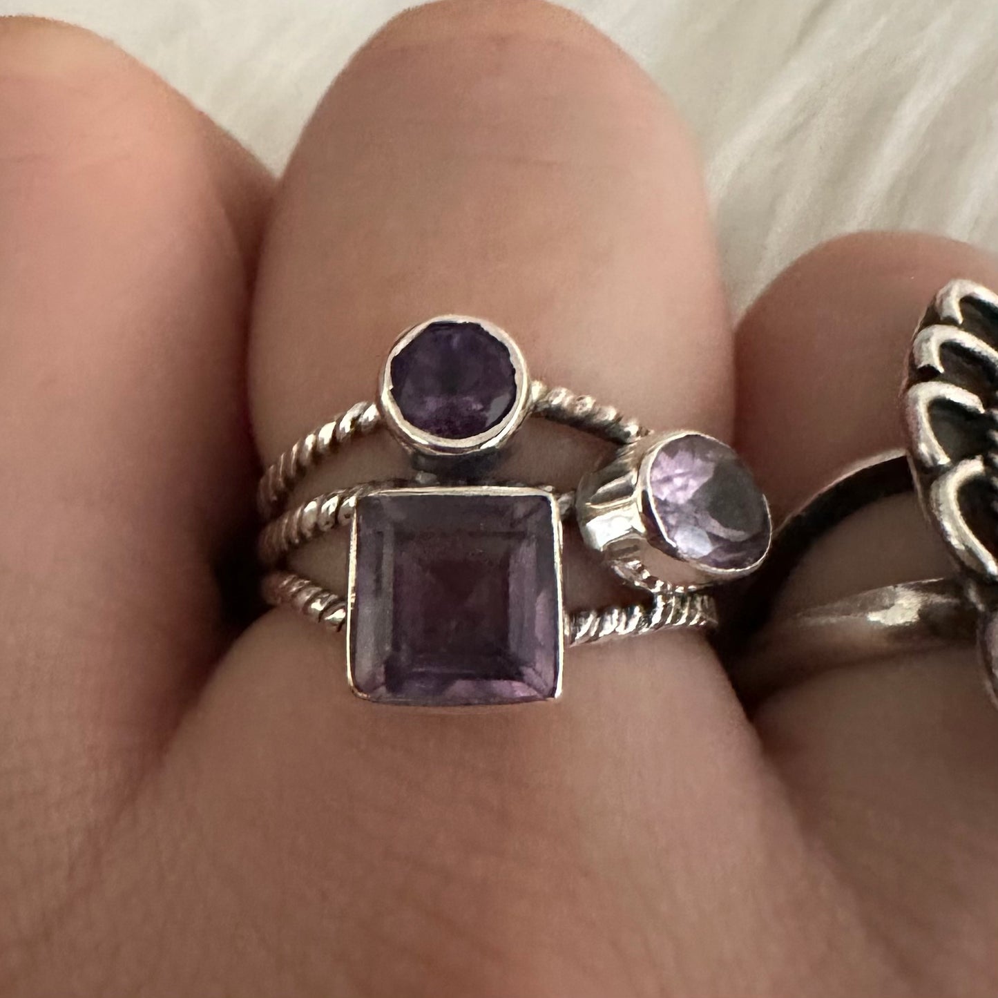 925 solid sterling silver AMETHYST multi roped 3-row/band/layer semi-adjustable boho-style gemstone ring size 7 8 9 10.