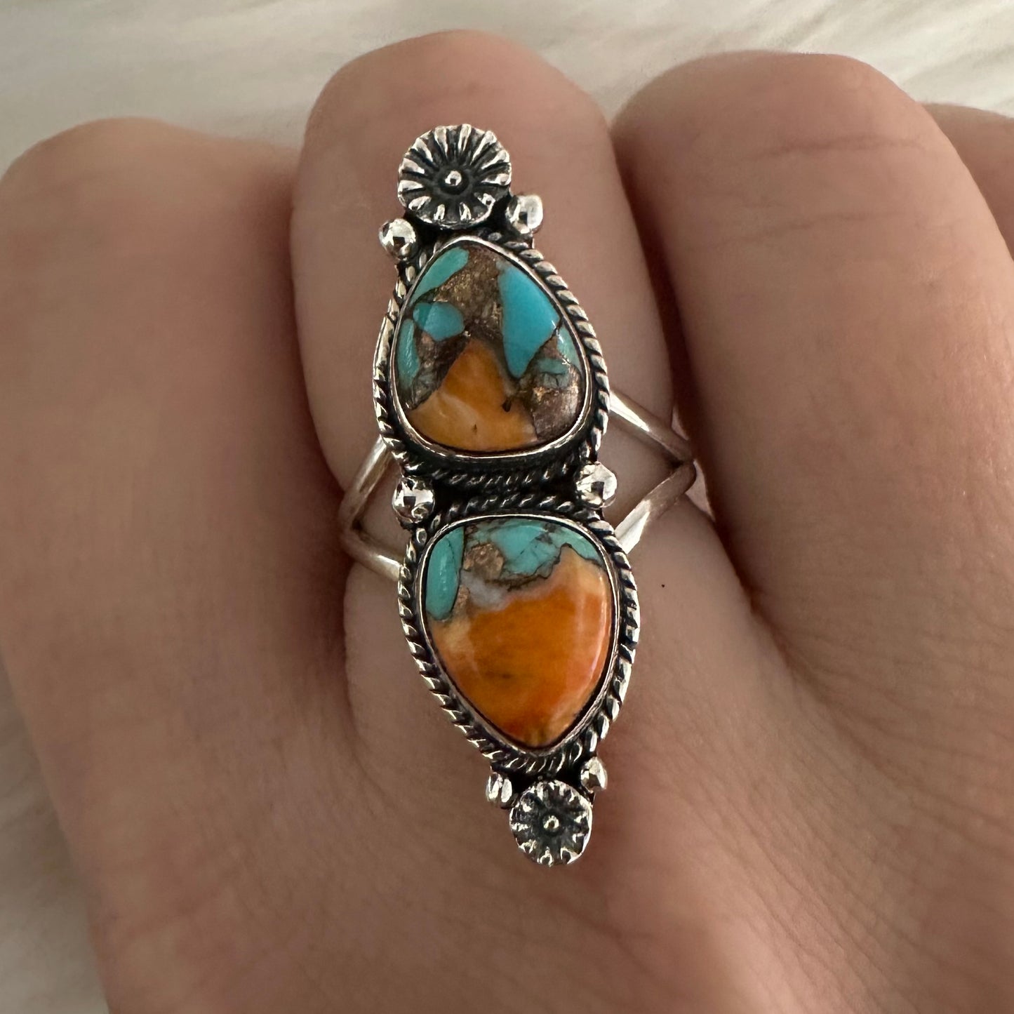 Huge chunky 2-stone Southwestern/Native American boho-style 925 solid sterling silver SPINY OYSTER ARIZONA TURQUOISE statement ring size 6.5, 7, 7.5, 8