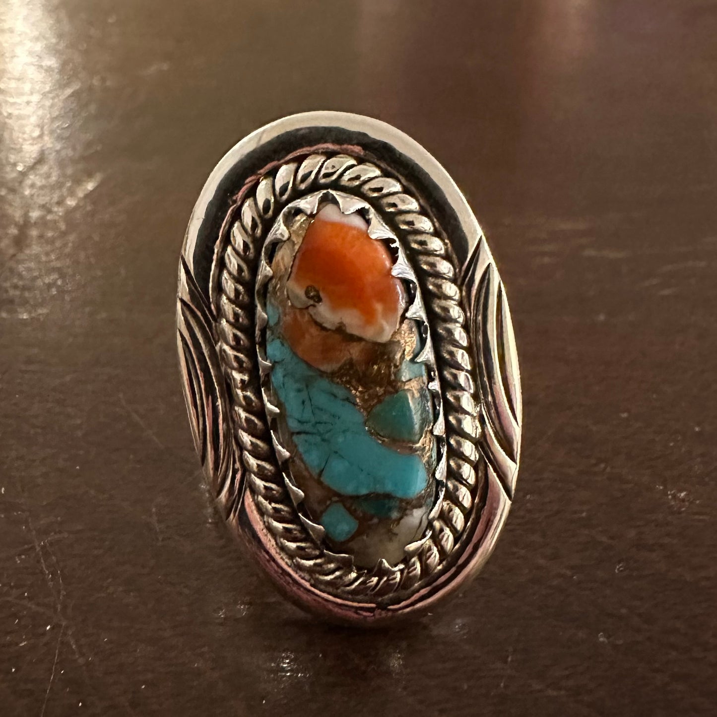 Southwest Pink Dahlia Copper Turquoise 925 Sterling Silver Ring size 7, 7.5, 8