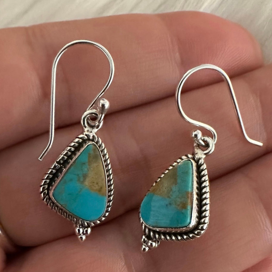 925 Solid Sterling Silver natural genuine American FOX MINES TURQUOISE lightweight filigree earrings