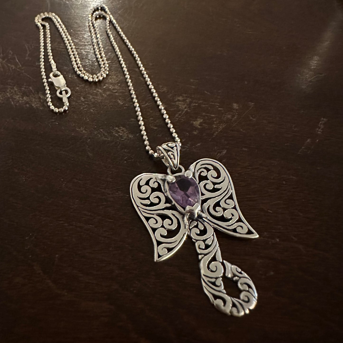 925 solid sterling silver Filigree/Lattice Elephant pendant with faceted/cut AMETHYST gemstone, hand-crafted by Balinese (Indonesian) artisans