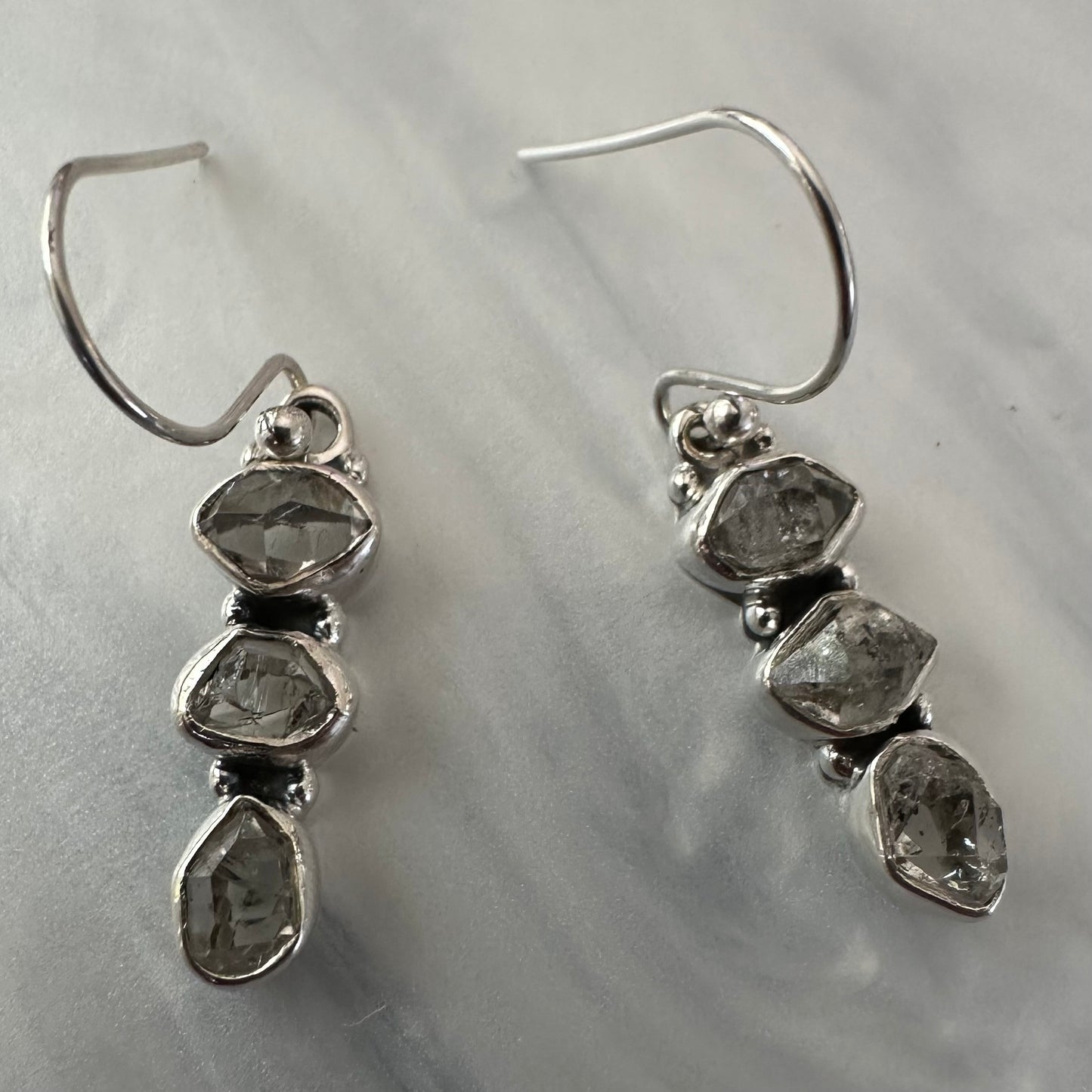 925 sterling silver raw/rough HERKIMER DIAMOND chunky 3-stone dangle earrings