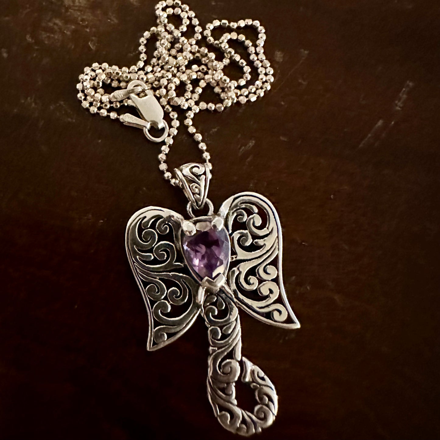 925 solid sterling silver Filigree/Lattice Elephant pendant with faceted/cut AMETHYST gemstone, hand-crafted by Balinese (Indonesian) artisans