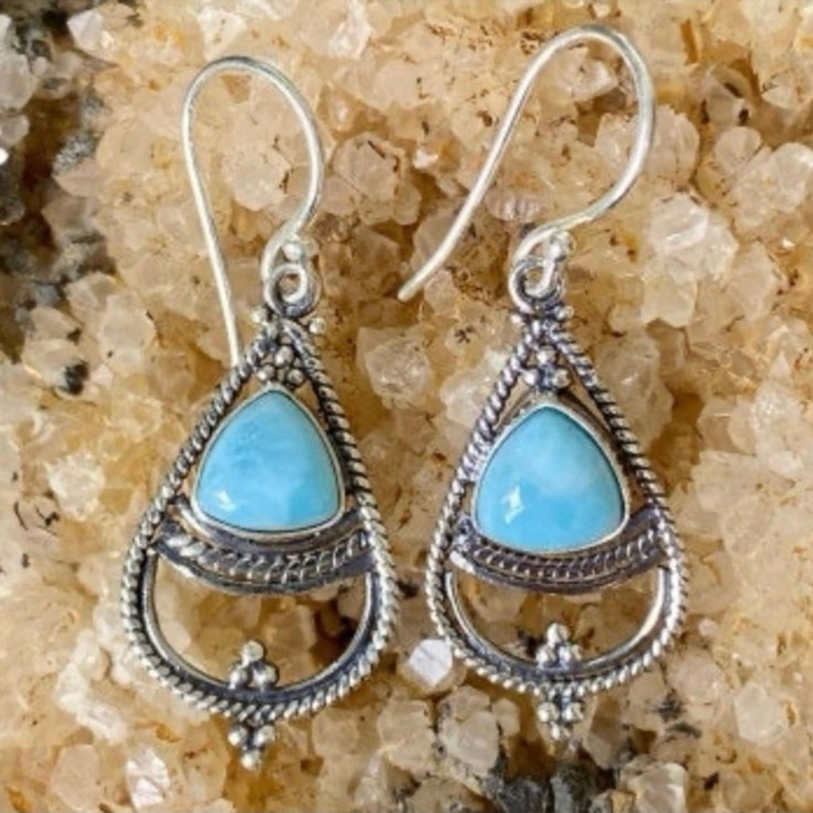 Sterling silver filigree earrings, Larimar quartz bead earrings, Gemstone Jewelry, store Blue bead earrings, Birthday gift for women