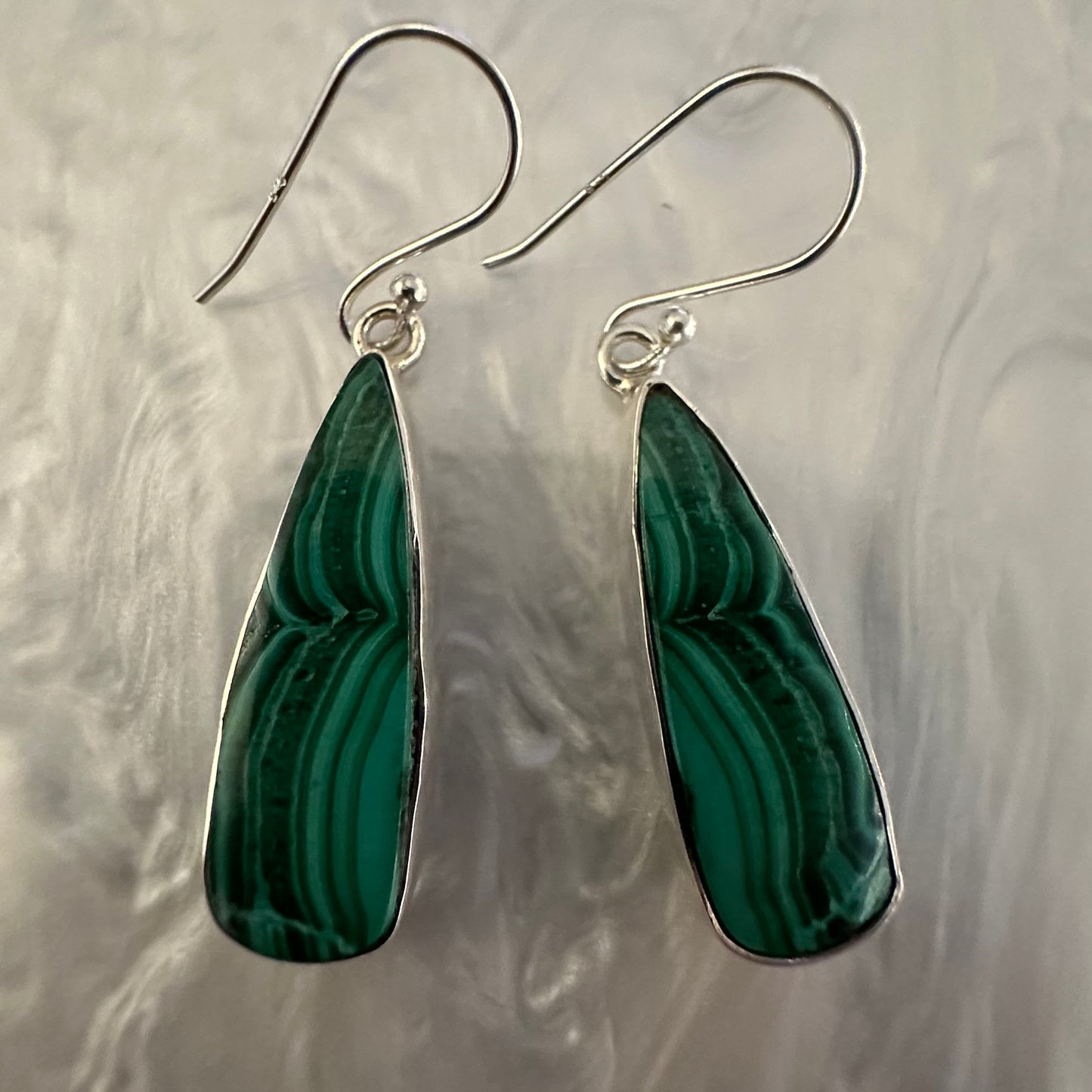 925 Solid Sterling Silver big chunky lightweight natural green marbled MALACHITE teardrop dangle earrings