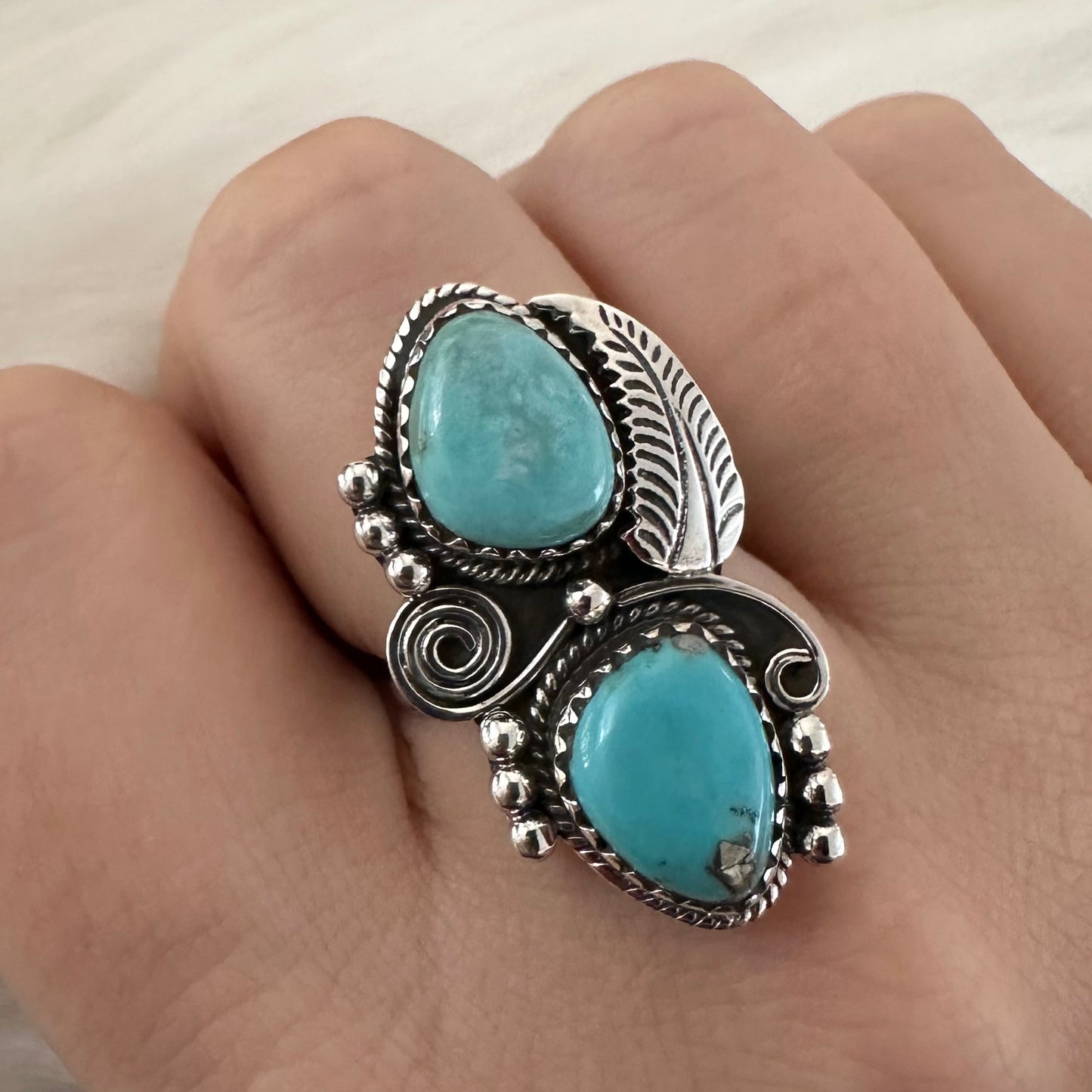 Indian/Native American/Southwestern 925 Solid Sterling Silver vintage/antique blue boho-style 2-stone KINGMAN TURQUOISE ring size 6.5, 7, 7.5 or 8