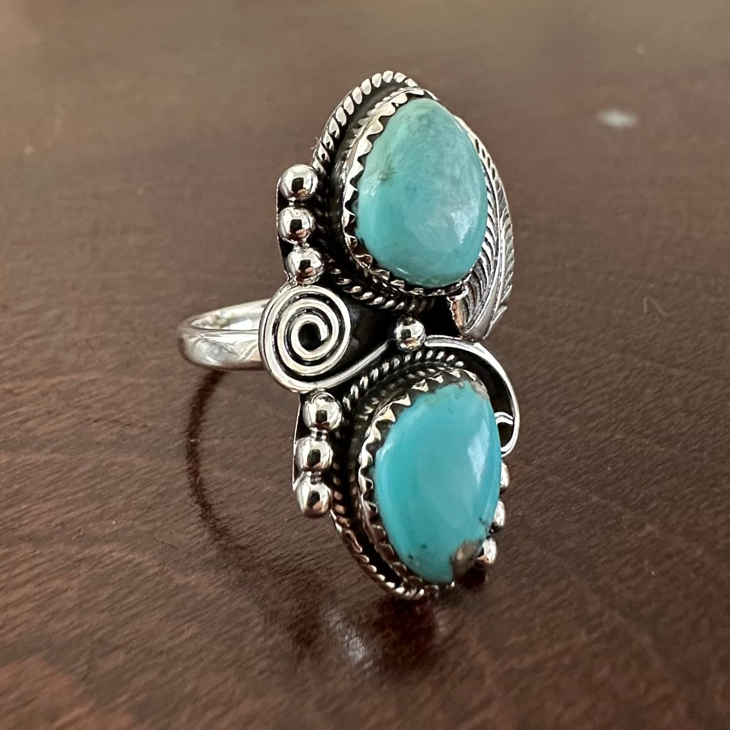 Indian/Native American/Southwestern 925 Solid Sterling Silver vintage/antique blue boho-style 2-stone KINGMAN TURQUOISE ring size 6.5, 7, 7.5 or 8