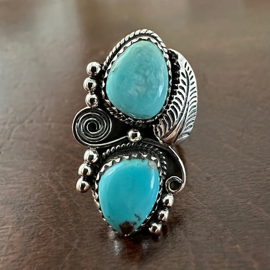 Indian/Native American/Southwestern 925 Solid Sterling Silver vintage/antique blue boho-style 2-stone KINGMAN TURQUOISE ring size 6.5, 7, 7.5 or 8