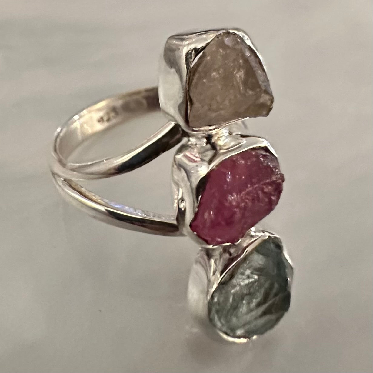 925 solid Sterling Silver 3-stone rough/raw RUBY, AQUAMARINE, ROSE QUARTZ ring size 7, 7.5, 8