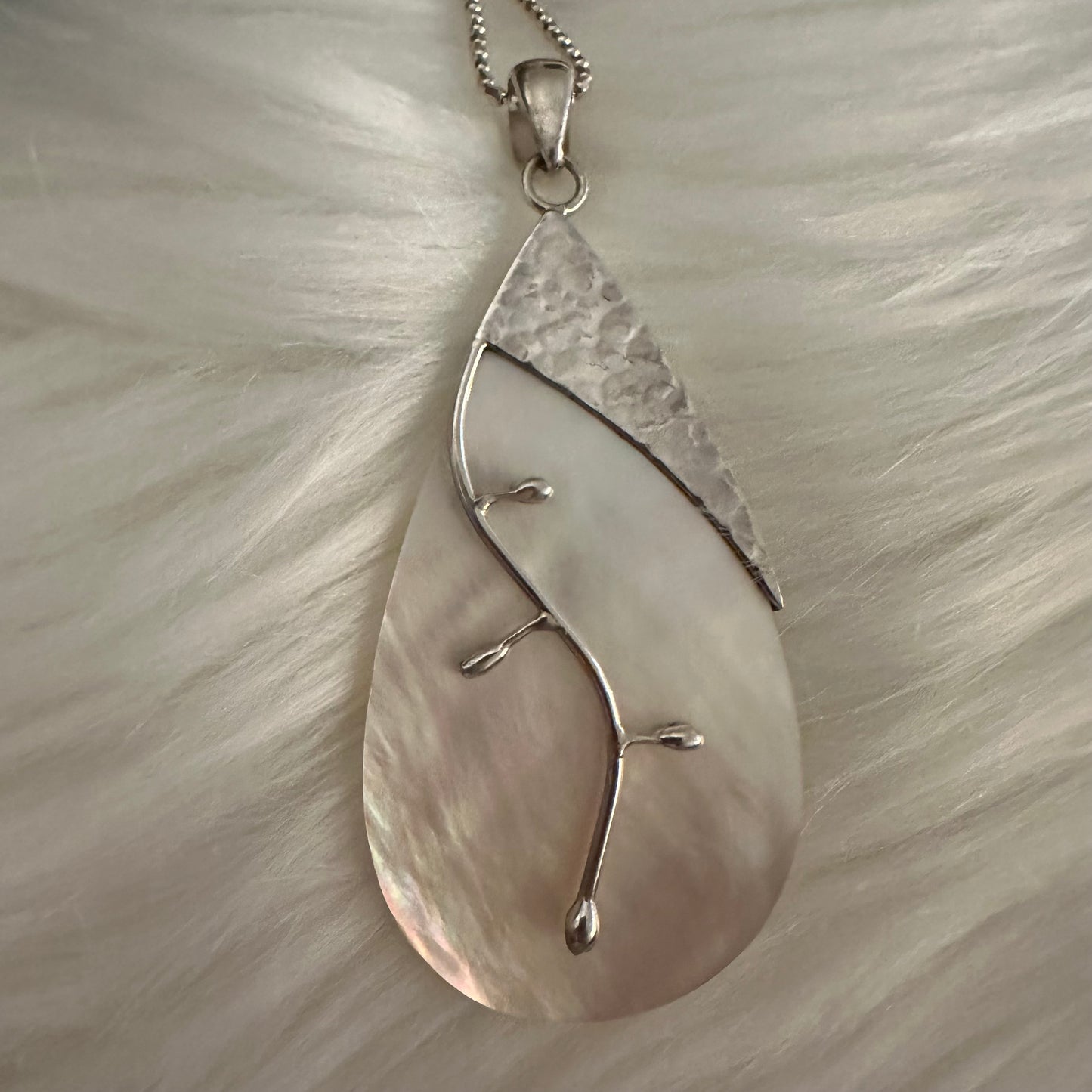 925 hammered solid sterling silver huge  Balinese Mother-of-Pearl vine-overlay necklace pendant