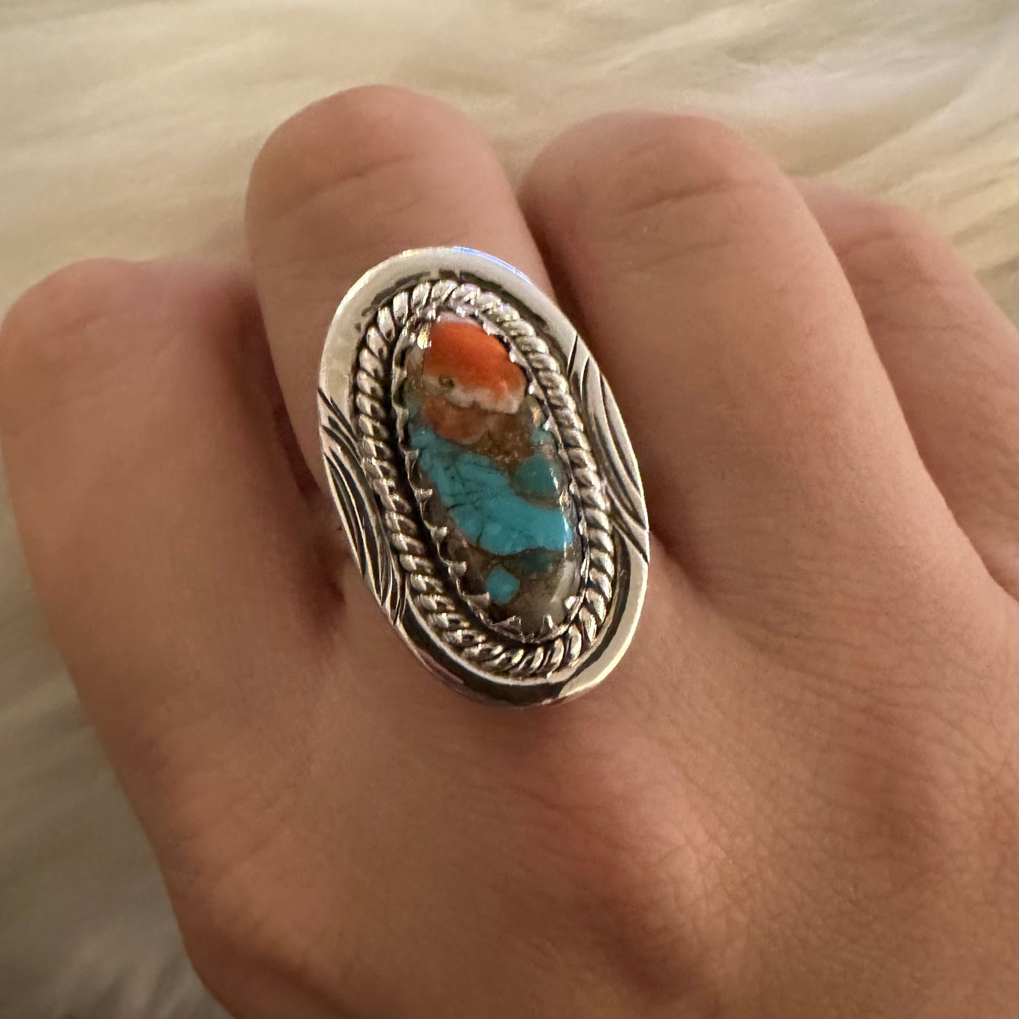 Southwest Pink Dahlia Copper Turquoise 925 Sterling Silver Ring size 7, 7.5, 8