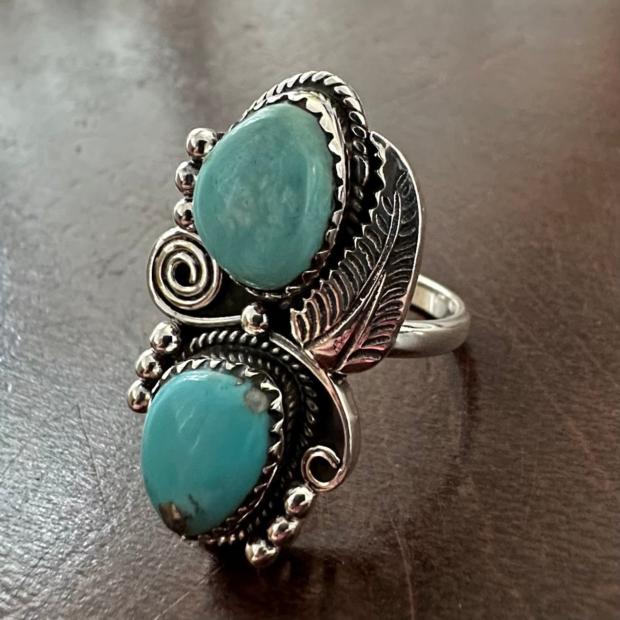 Indian/Native American/Southwestern 925 Solid Sterling Silver vintage/antique blue boho-style 2-stone KINGMAN TURQUOISE ring size 6.5, 7, 7.5 or 8