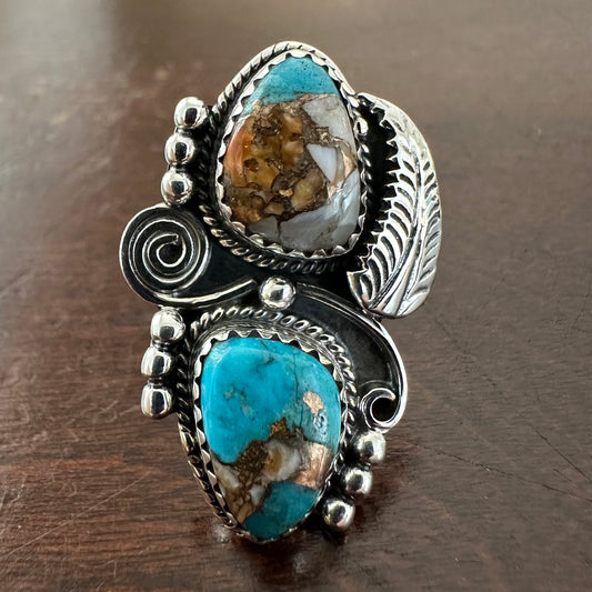 Indian/Native American/Southwestern/Navajo 925 Solid Sterling Silver vintage/antique boho-style 2-stone natural SPINY OYSTER & ARIZONA TURQUOISE ring sizes 5.5, 6, 6.5, or 7
