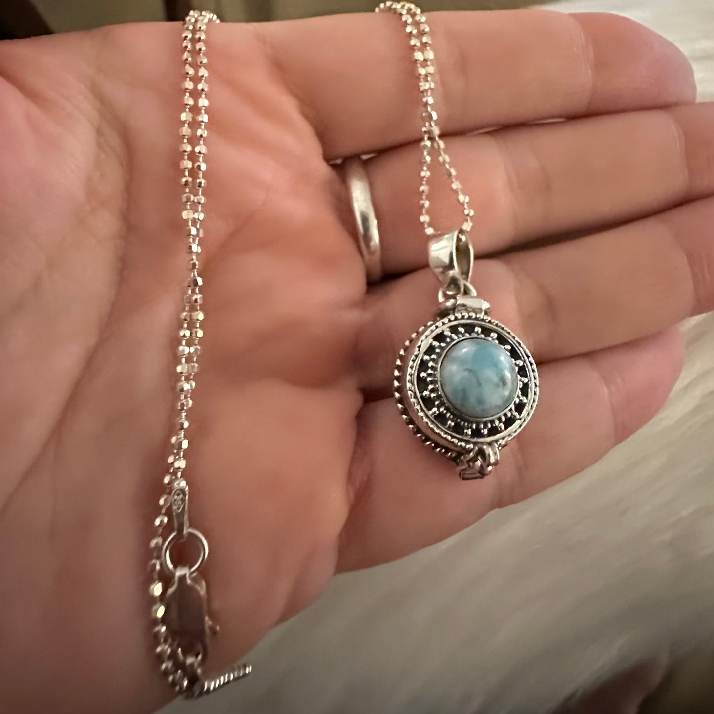 925 Solid Sterling Silver LARIMAR gemstone poison/ keepsake/ pills/ locket/ compartment/ secret/ hidden box pendant for a necklace chain