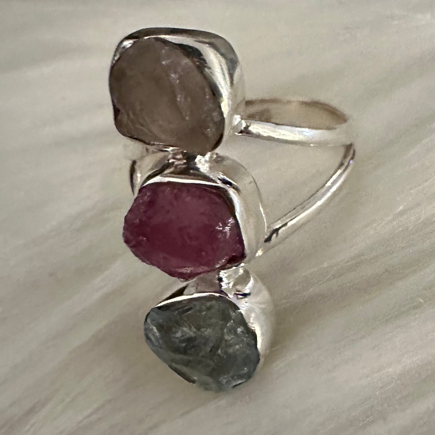 925 solid Sterling Silver 3-stone rough/raw RUBY, AQUAMARINE, ROSE QUARTZ ring size 7, 7.5, 8