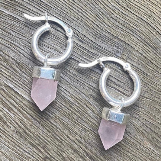925 Solid Sterling Silver pink ROSE QUARTZ pencil crystal gemstone mini hoops earrings RETAIL $60+