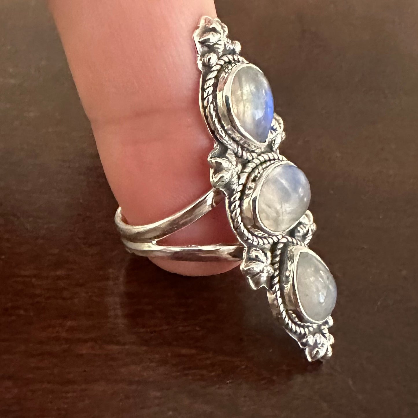 925 solid sterling silver semi-adjustable 3-stone long boho-style RAINBOW MOONSTONE gemstone ring fits size 7 8 9 10