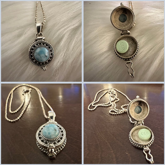 925 Solid Sterling Silver LARIMAR gemstone poison/ keepsake/ pills/ locket/ compartment/ secret/ hidden box pendant for a necklace chain