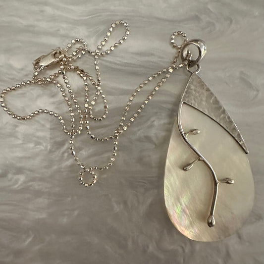 925 hammered solid sterling silver huge  Balinese Mother-of-Pearl vine-overlay necklace pendant
