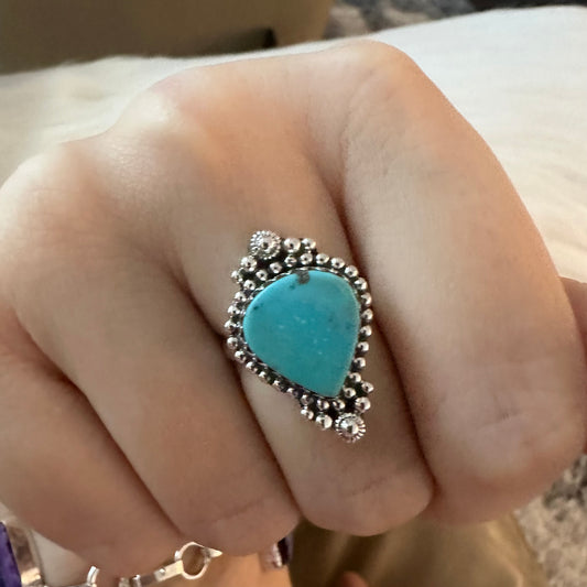 Natural blue teardrop chunky TIBETAN TURQUOISE 925 sterling silver ring size 6.5, 7, 7.5 or 8