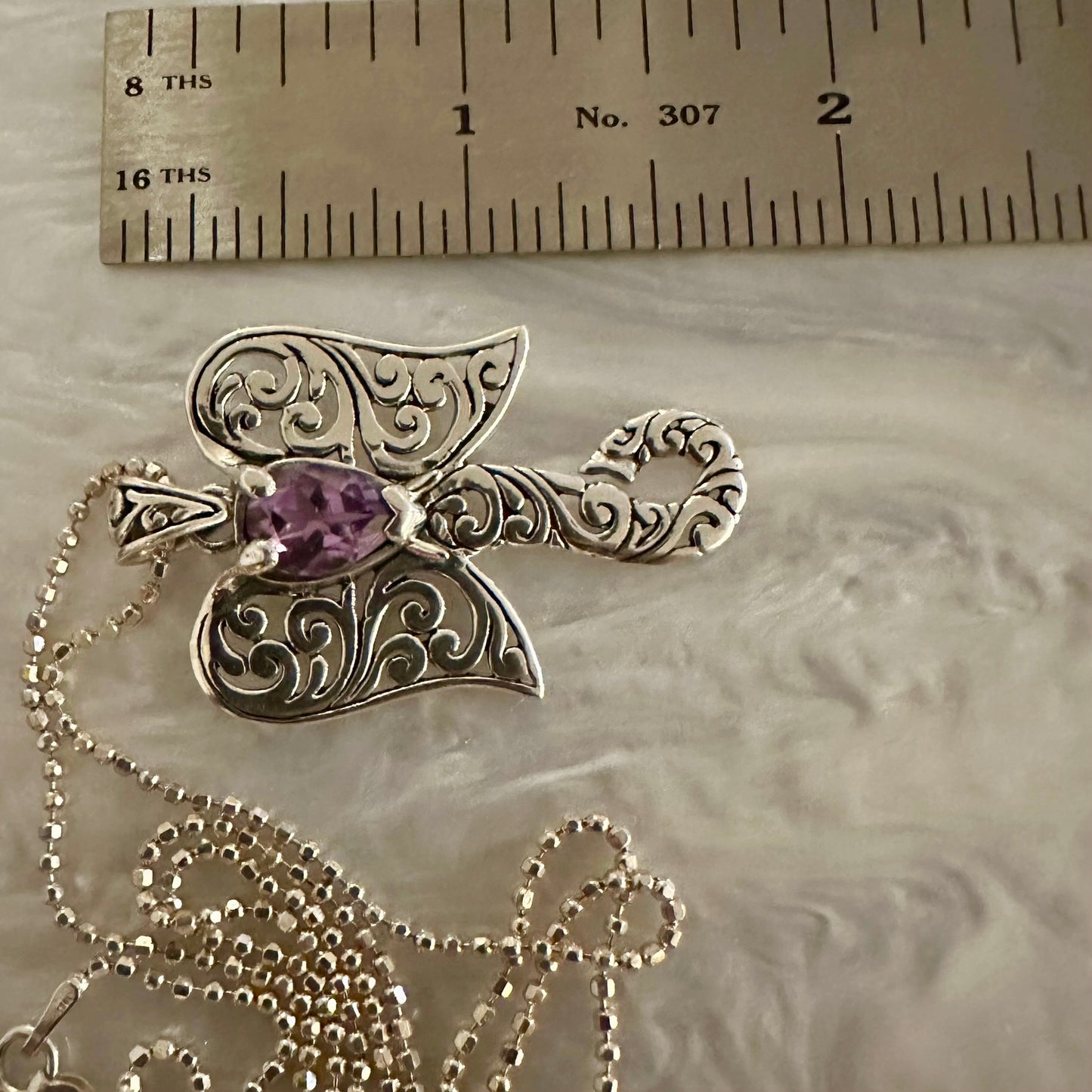 925 solid sterling silver Filigree/Lattice Elephant pendant with faceted/cut AMETHYST gemstone, hand-crafted by Balinese (Indonesian) artisans