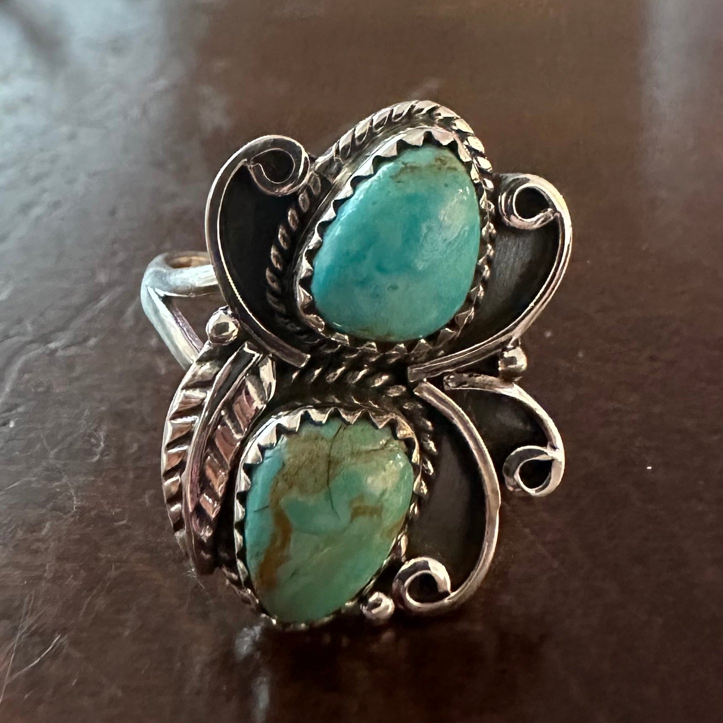 Unique Southwestern/American Indian/ Navajo boho style natural blue-green artisan hand-crafted ARIZONA MOHAVE TURQUOISE 925 sterling silver 2-stone ring size 8, 8.5, 9 or 9.5