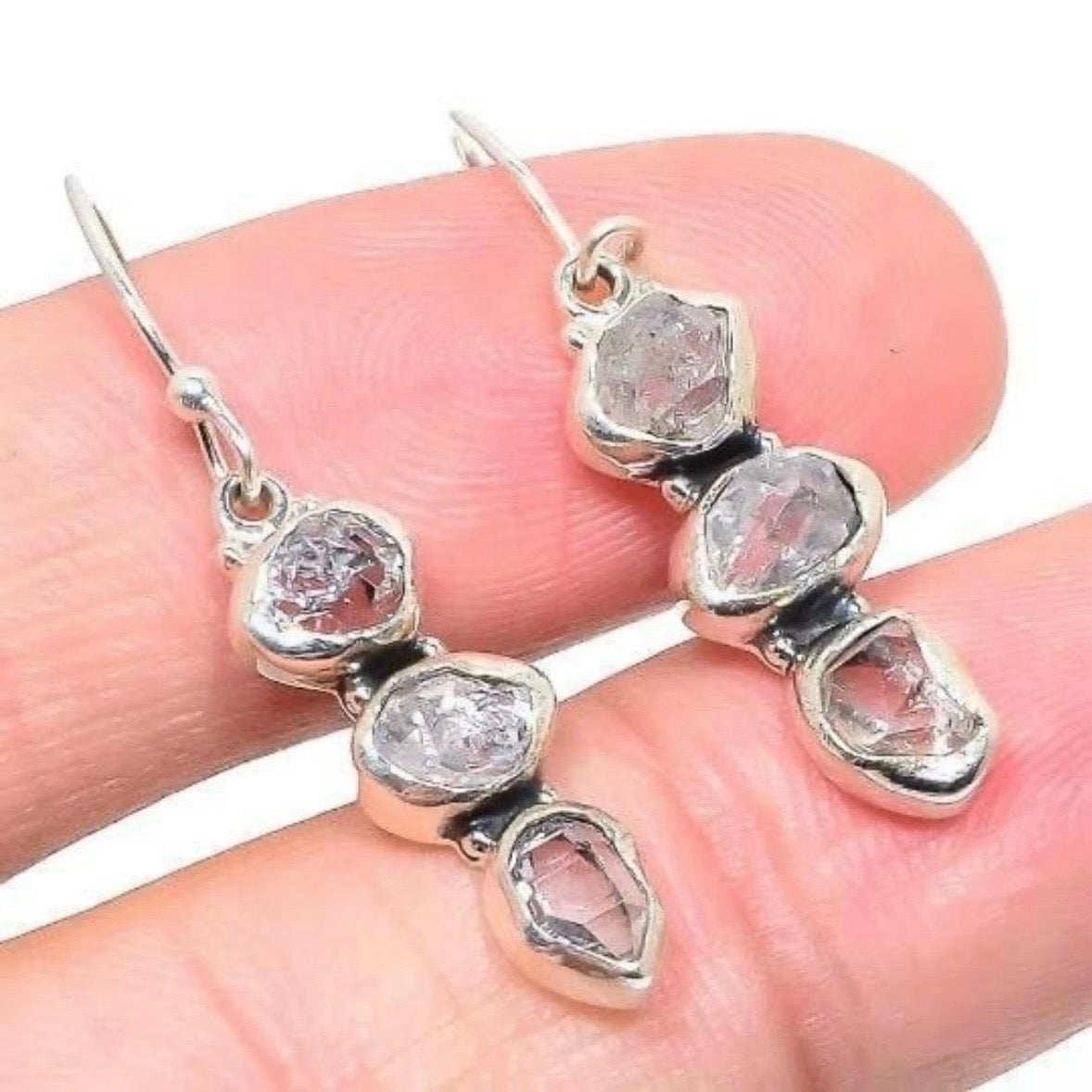 925 sterling silver raw/rough HERKIMER DIAMOND chunky 3-stone dangle earrings