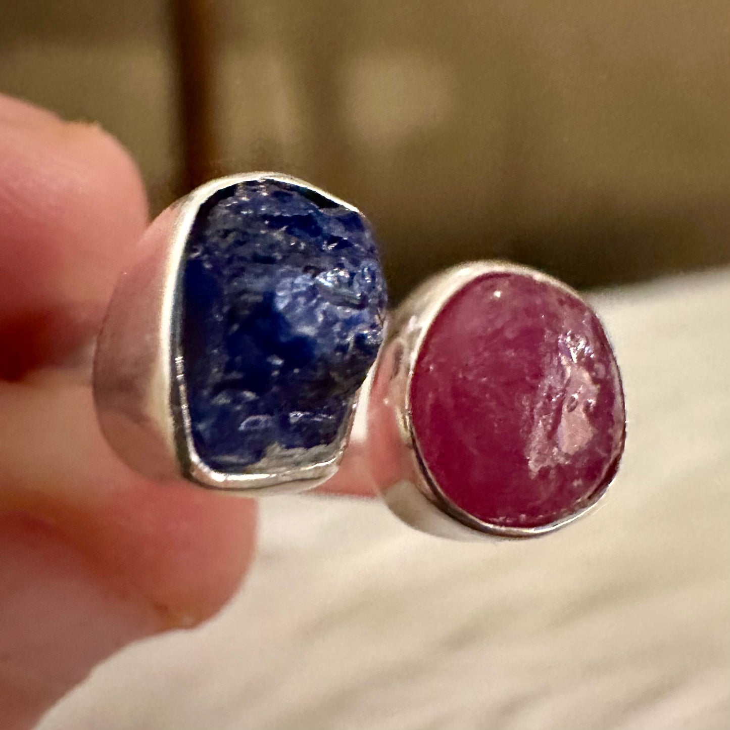 925 Silver rough/raw PINK RUBY, SAPPHIRE semi-adjustable 2-gemstone ring size 7.5, 8, 8.5