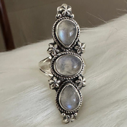 925 solid sterling silver semi-adjustable 3-stone long boho-style RAINBOW MOONSTONE gemstone ring fits size 7 8 9 10