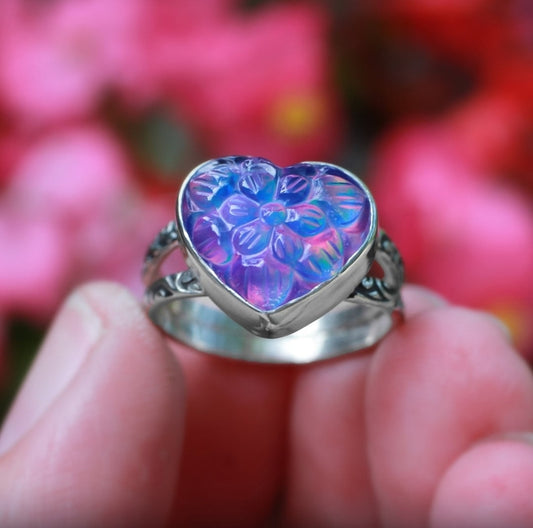 Aurora (Northern Lights) Opal Carved Heart 925 Sterling Silver Ring size 6, 6.5, 7, 7.5, 8. RETAIL $184