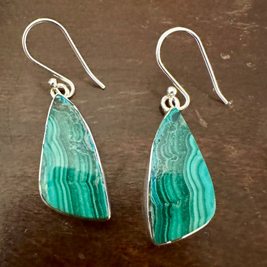 925 Sterling Silver big chunky lightweight natural MALACHITE dangle earrings