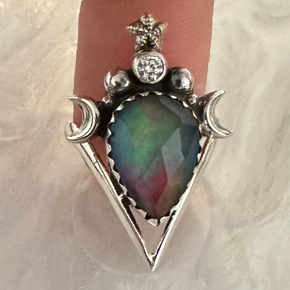 Faceted/cut AURORA (NORTHERN LIGHTS) OPAL &  CZ CUBIC ZIRCONIA iridescent boho-style crescent moons & star Doublet 925 sterling silver ring size 7.5, 8, 8.5