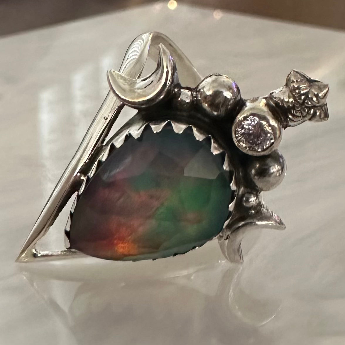 Faceted/cut AURORA (NORTHERN LIGHTS) OPAL &  CZ CUBIC ZIRCONIA iridescent boho-style crescent moons & star Doublet 925 sterling silver ring size 7.5, 8, 8.5