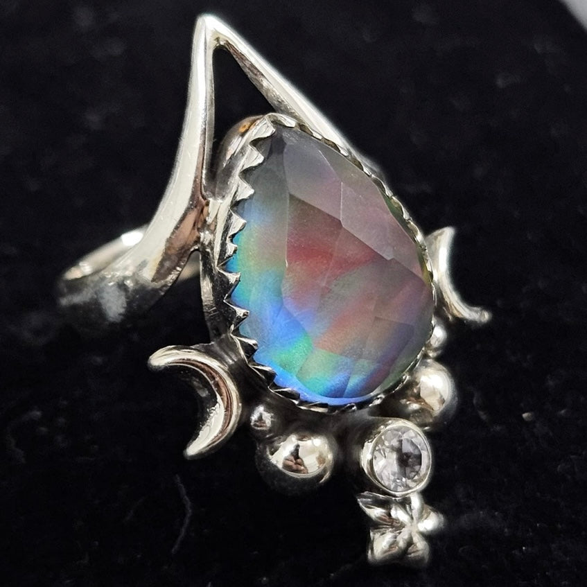 Faceted/cut AURORA (NORTHERN LIGHTS) OPAL &  CZ CUBIC ZIRCONIA iridescent boho-style crescent moons & star Doublet 925 sterling silver ring size 7.5, 8, 8.5