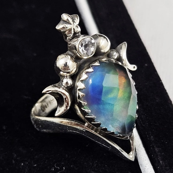 Faceted/cut AURORA (NORTHERN LIGHTS) OPAL &  CZ CUBIC ZIRCONIA iridescent boho-style crescent moons & star Doublet 925 sterling silver ring size 7.5, 8, 8.5